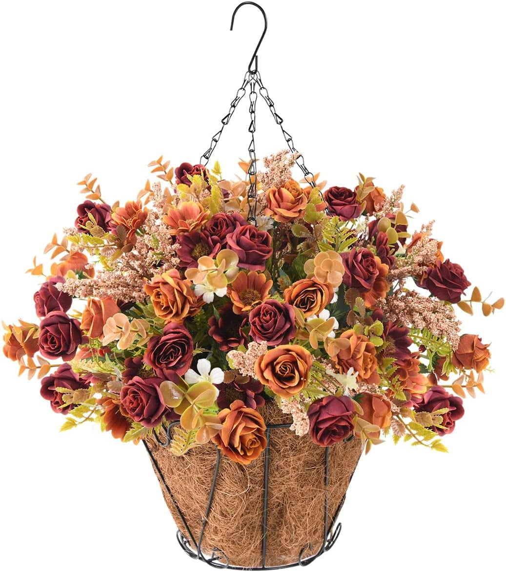 Artificial Hanging Flowers in Basket Outdoor Indoor Patio Lawn Decor,Rose Silk Flowers Arrangements in Vase,Fake Rose Bouquets with Flowerpot for Garden Porch Decor(Bucket Basket)