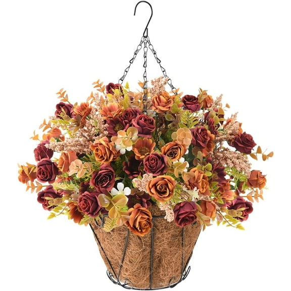 Artificial Hanging Flowers in Basket Outdoor Indoor Patio Lawn Decor,Rose Silk Flowers Arrangements in Vase,Fake Rose Bouquets with Flowerpot for Garden Porch Decor(Bucket Basket)