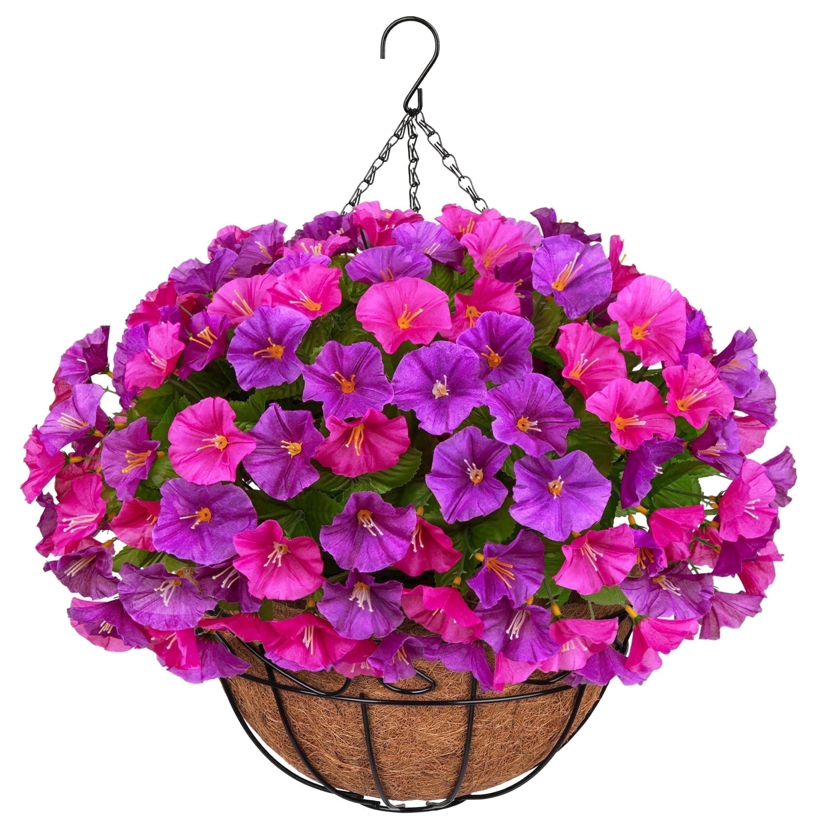 AcerichFad Artificial Hanging Flowers, 4 PCS Fake Silk Flowers Faux Plants with Coconut Basket for Spring Summer Indoor Outdoor Home Decor, Rose Red and Fuchsia