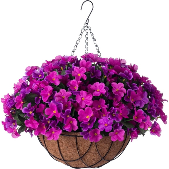 Artificial Hanging Flowers with Basket Outdoors, Fake Hydrangea UV Resistant Arrangements in Pot Planter Spring Summer Decor for Indoor Porch Garden Yard(Double Lotus)