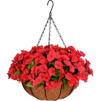 Artificial Hanging Flowers Basket for Outdoors, Fake Morning Glory Plants Outdoor Planter Faux Petunias Silk Flower with Pot for Summer Patio Garden Porch Indoor Decor