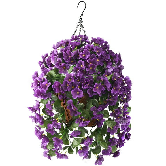 Artificial Hanging Flowers in Basket for Patio Garden Decor,Artificial Hanging Plant in Basket,Coconut Lining Hanging Baskets with Begonia for The Decoration of Outdoors and Indoors (Purple)