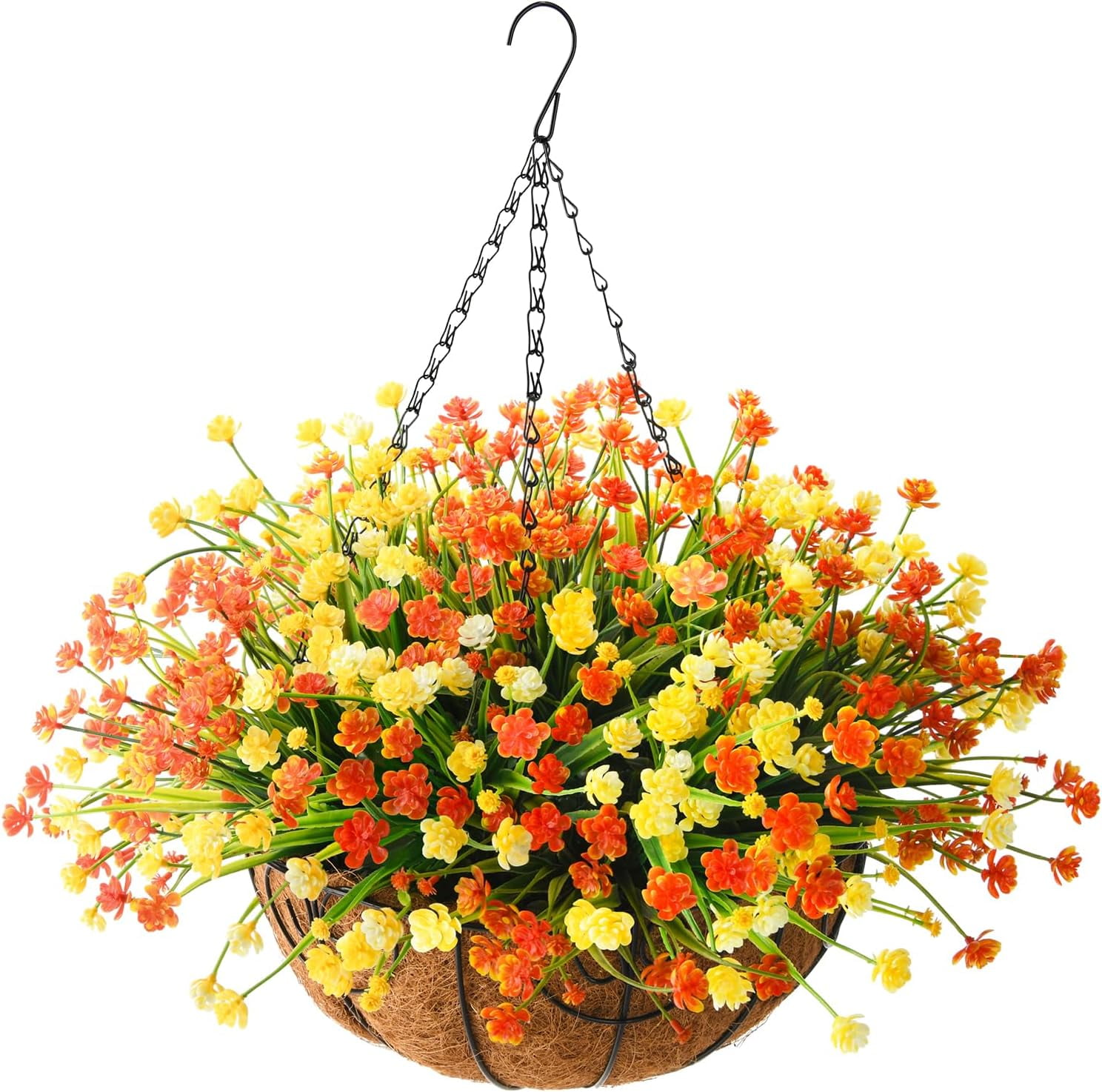 Artificial Hanging Flowers in Basket for Patio Garden Decoration,Artificial Daisy Arrangement,Fake Plants in inch Coconut Lining Basket for Outside Spring Decor(Purple Yellow)