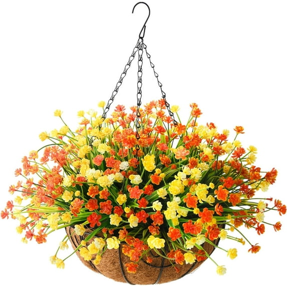 Artificial Hanging Flowers in Basket for Patio Garden Decoration,Artificial Daisy Arrangement,Fake Plants in inch Coconut Lining Basket for Outside Spring Decor(Purple Yellow)