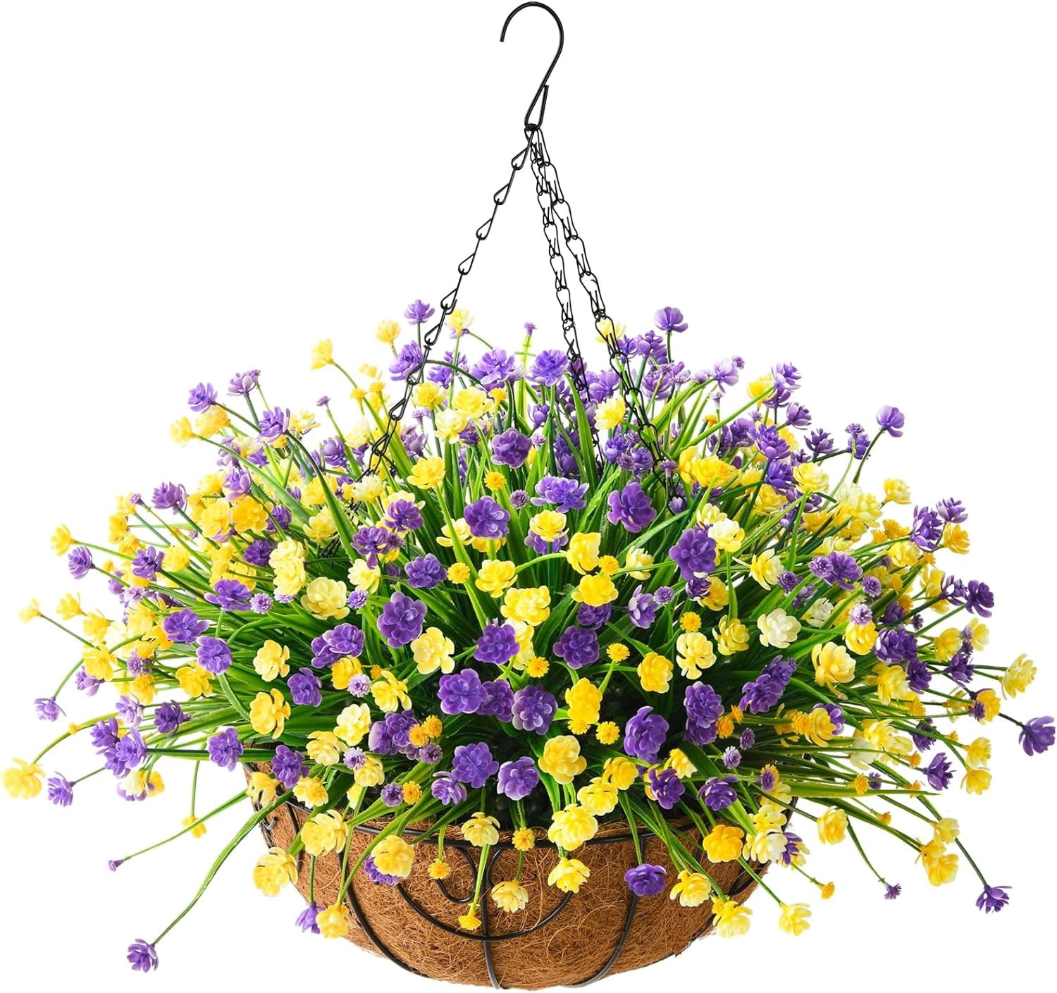 Artificial Hanging Flowers in Basket for Patio Garden Decoration,Artificial Daisy Arrangement,Fake Plants in inch Coconut Lining Basket for Outside Spring Decor(Purple Yellow)