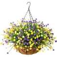 thumbnail image 1 of Artificial Hanging Flowers in Basket for Patio Garden Decoration,Artificial Daisy Arrangement,Fake Plants in inch Coconut Lining Basket for Outside Spring Decor(Purple Yellow), 1 of 5