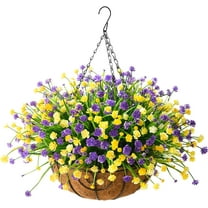 Artificial Hanging Flowers in Basket for Patio Garden Decoration,Artificial Daisy Arrangement,Fake Plants in inch Coconut Lining Basket for Outside Spring Decor(Purple Yellow)
