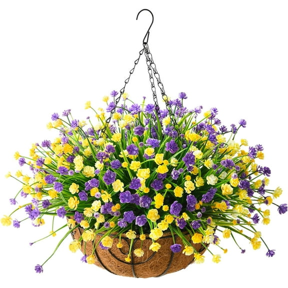 Artificial Hanging Flowers in Basket for Patio Garden Decoration,Artificial Daisy Arrangement,Fake Plants in inch Coconut Lining Basket for Outside Spring Decor(Purple Yellow)
