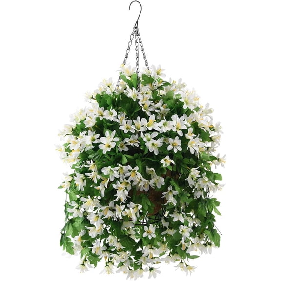 Artificial Hanging Flowers in Basket for Patio Garden Decoration,Faux Silk Violet in Planter UV Resistant Realistic for Outside Home Porch Balcony Yard Decor(White)