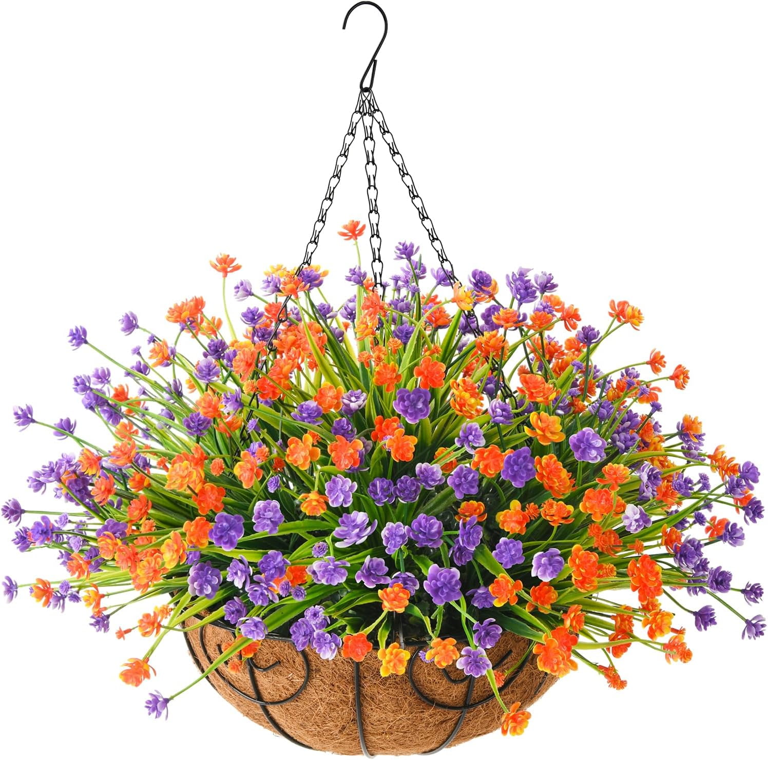 Artificial Hanging Flowers in Basket for Patio Garden Outdoor Decoration,Artificial Daisy Arrangement,Fake Plants in 12 inch Coconut Lining Basket for Outside Spring Decor(Purple Red)