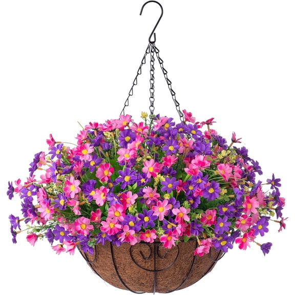 Artificial Hanging Flowers in Basket for Patio Garden Porch Deck Spring Decoration, Artificial Daisy Arrangement,Fake Plants in 12 inch Coconut Lining Basket for Outdoor/Indoor(Yellow and white)