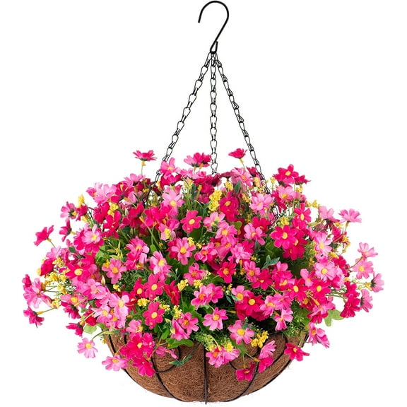 Artificial Hanging Flowers in Basket for Patio Garden Porch Deck Spring Decoration, Artificial Daisy Arrangement,Fake Plants in inch Coconut Lining Basket for Outdoor/Indoor(Purple)