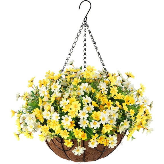 Artificial Hanging Flowers in Basket for Patio Garden Porch Deck Spring Decoration, Artificial Daisy Arrangement,Fake Plants in inch Coconut Lining Basket for Outdoor/Indoor(Purple)