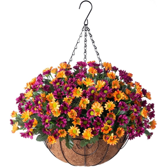 Artificial Hanging Flowers in Basket for Patio Garden Porch Deck Spring Decoration, Faux Daisy Arrangement,Fake Plants in 12 inch Coconut Lining Basket for Outdoor/Indoor(Yellow)