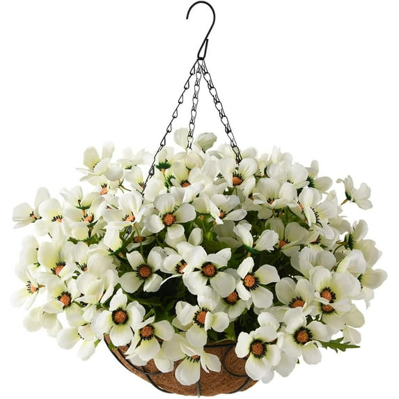 Artificial Hanging Flowers in Basket for Patio Lawn Garden Decor,12 inch Coconut Lining Hanging Baskets with Artificial Flowers for Home Porch Outdoors Spring Decoration(White)