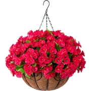 Artificial Hanging Flowers in Basket, Artificial Petunias Flower Arrangement,12 inch Coconut Lining Basket with Morning Glories Fake Plants for Patio Garden Porch Deck Decoration(Red)
