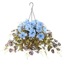 Artificial Hanging Flowers in Basket, Silk Vine Plants Flower with Flowerpot Centerpieces,Fake Hanging Flower in Coconut Lining Hanging Baskets for Outdoors Courtyard Decor(Blue)