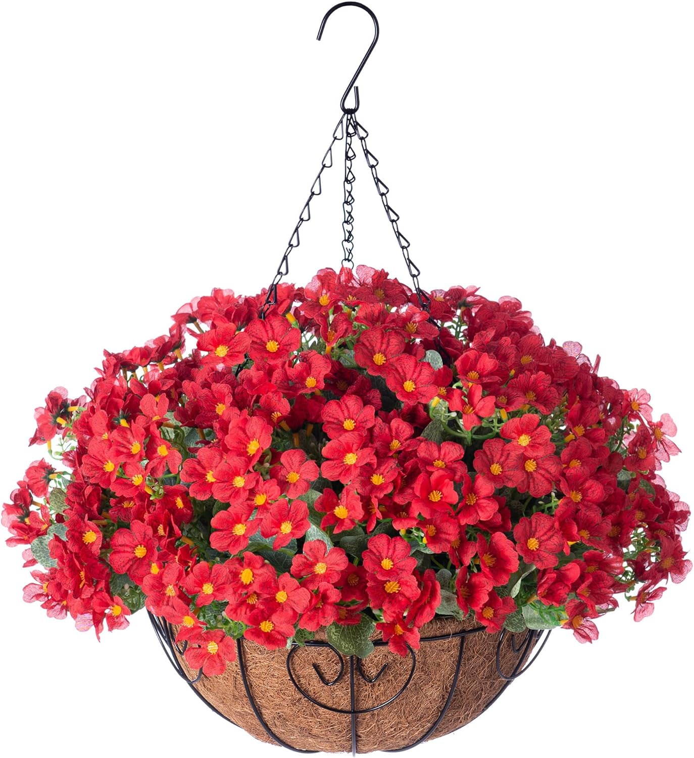 Artificial Hanging Flowers Basket for Spring Outdoor Outside Decoration, Fake Silk Colorful Daisy Eucalyptus in Planter UV Resistant Look Real for Home Patio Yard(Darkorchid)
