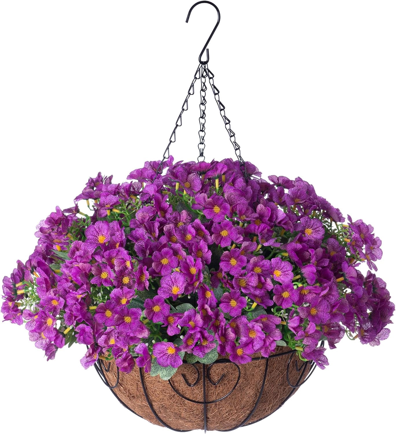 Artificial Hanging Flowers Basket for Spring Outdoor Outside Decoration, Fake Silk Colorful Daisy Eucalyptus in Planter UV Resistant Look Real for Home Patio Yard(Darkorchid)