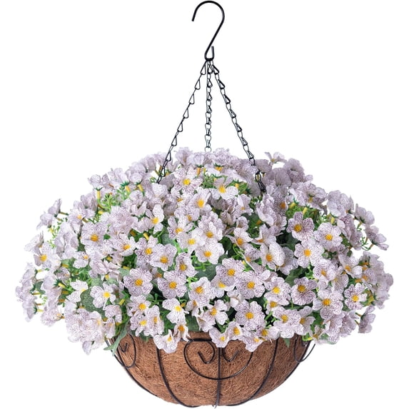 Artificial Hanging Flowers Basket for Spring Outdoor Outside Decoration, Fake Silk Colorful Daisy Eucalyptus in Planter UV Resistant Look Real for Home Patio Yard(Darkorchid)