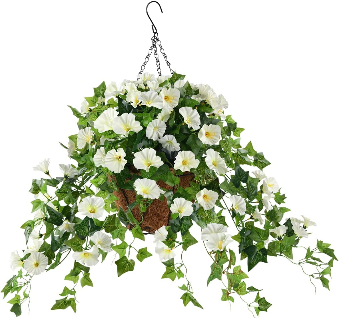 Artificial Hanging Flowers with Basket for Spring Outdoors Decoration,Fake Silk Morning Glory Vines in Planter UV Resistant Realistic for Home Garden Balcony Porch Decor