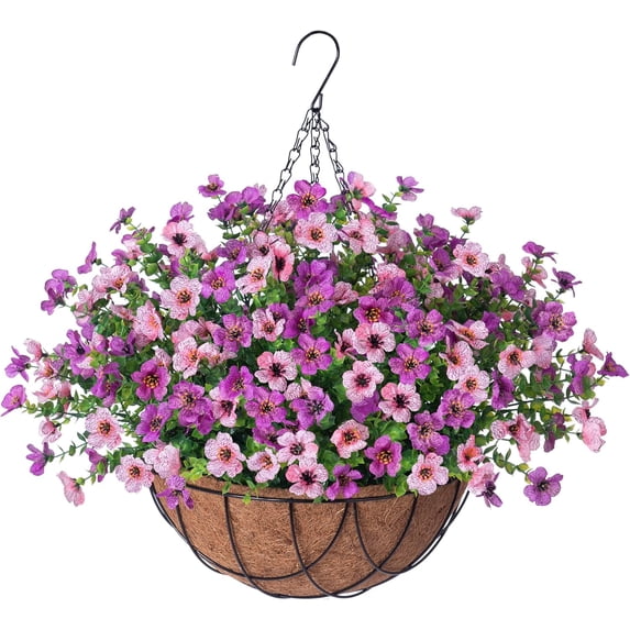 Artificial Hanging Flowers Basket for Spring Summer Outdoor Outside Decor, Fake Silk Colorful Daisy Eucalyptus in Planter UV Resistant Look Real for Home Patio YardYellow