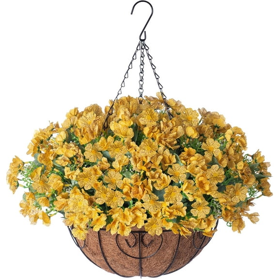 Artificial Hanging Flowers Basket for Spring Summer Outdoor Outside Decor, Fake Silk Colorful Daisy Eucalyptus in Planter UV Resistant Look Real for Home Patio YardYellow