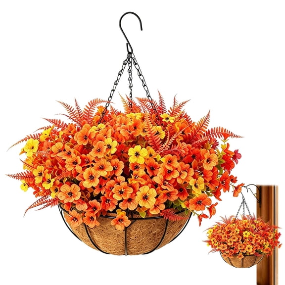 Artificial Hanging Flowers with Basket, UV Resistant Silk Daisy Faux Hanging Plants, Foam-Free Easy Assembly for Porch Patio Balcony Garden Home Decor