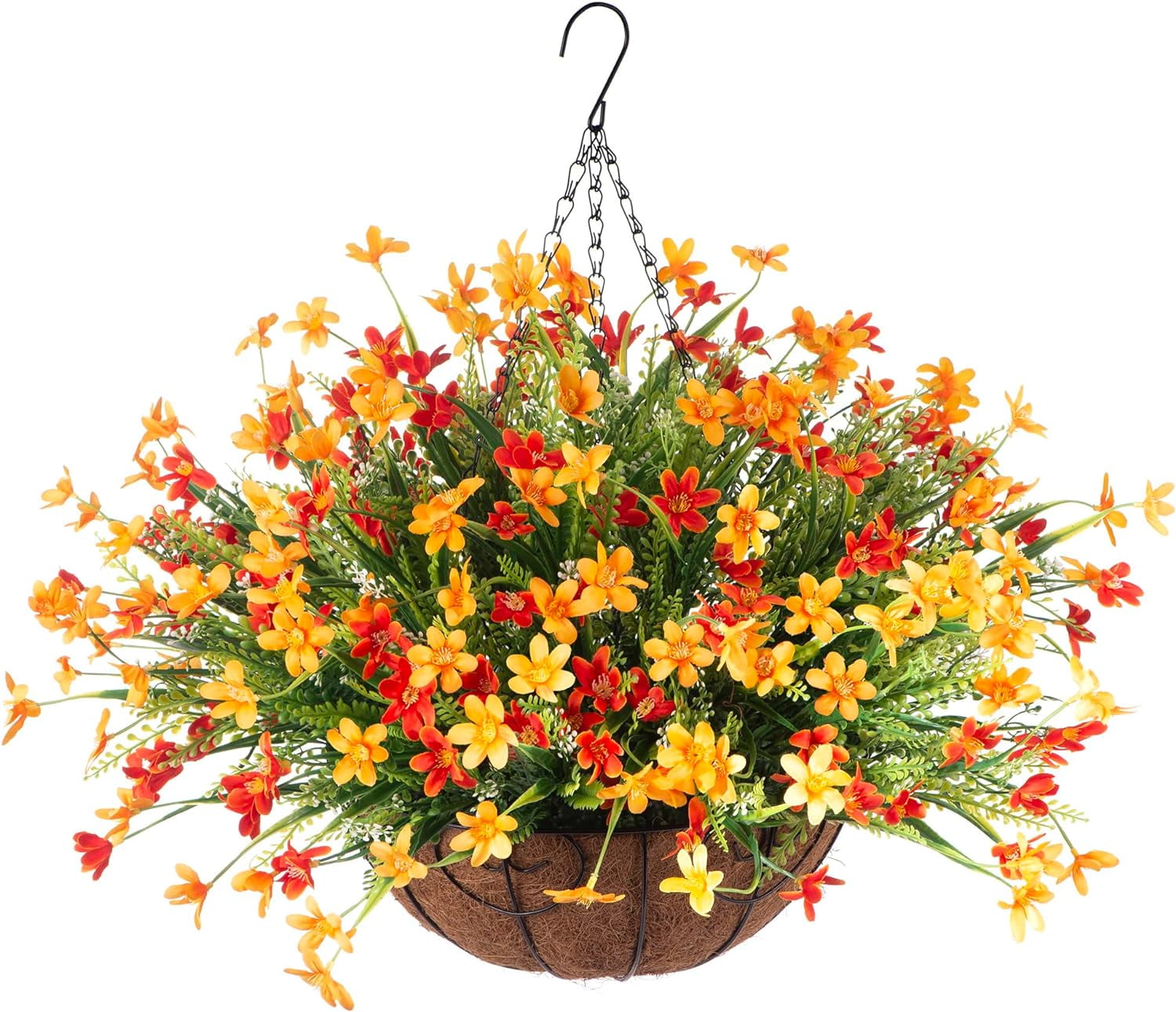 Artificial Hanging Flowers with Basket, Artificial Violets Arrangement,Orchids Fake Plants in 12 inch Coconut Lining Basket for Patio Garden Porch Deck Decoration
