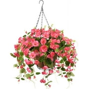 HANGTANWAN Artificial Hanging Flowers Basket for Outdoor Spring Decoration,4pcs Faux Daisies Flowers for Patio Garden Porch Deck Decoration(Pink)