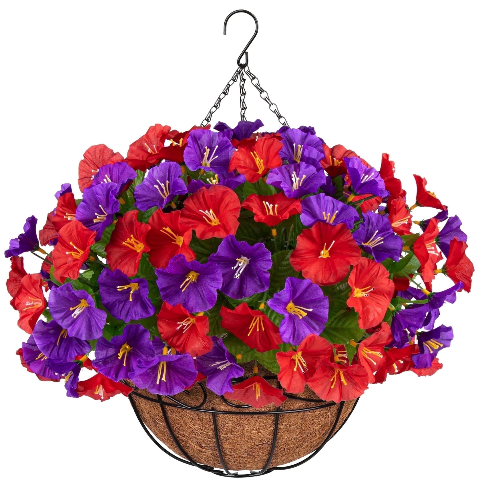 AcerichFad Artificial Hanging Flowers, 4 PCS Fake Silk Flowers Faux Plants with Coconut Basket for Spring Summer Indoor Outdoor Home Decor, Red Purple