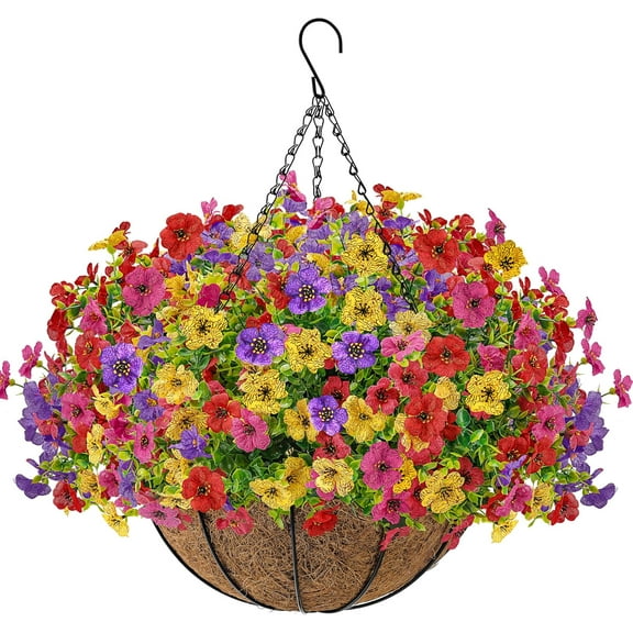 Artificial Hanging Flowers Basket for Outdoors Fake Hanging Plants Spring Summer Decoration UV Resistant for Garden Front Porch Patio Balcony Decor