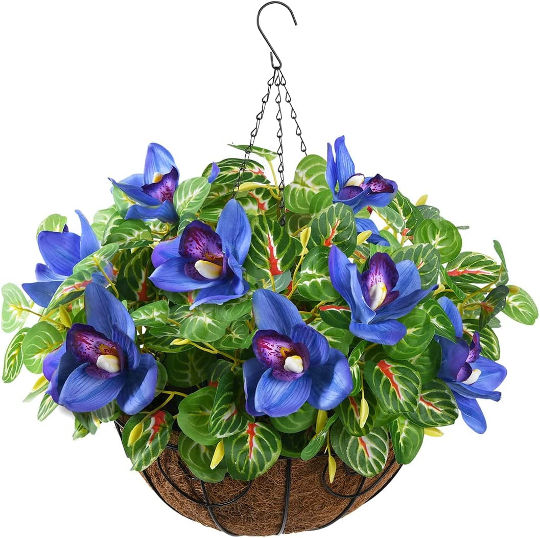 Artificial Hanging Flowers,Fake Orchid Flowers Branches Real Touch for Outdoor Indoor,Artificial Plants in Coconut Lining Hanging Baskets for Patio Garden Decor(Blue)