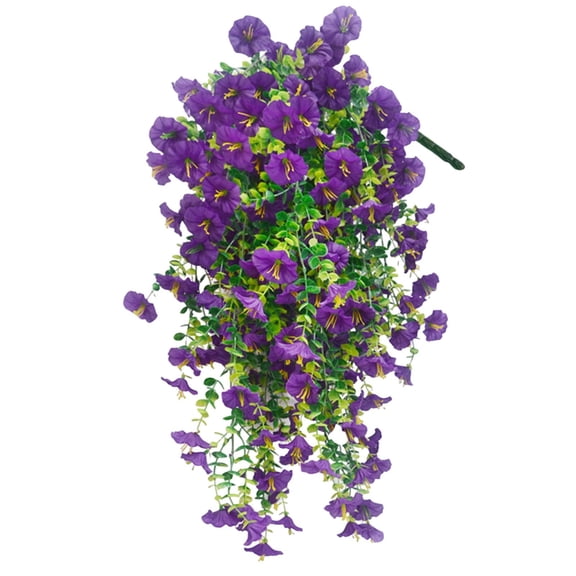 Artificial Hanging Flowers Fake Plants Outdoor, 1 Pc Silk Morning Glory Faux Flowers with Eucalyptus Leaf, UV Resistant Realistic Hanging Petunias Plants for Home Garden Decor, 29.5 Inch, Purple