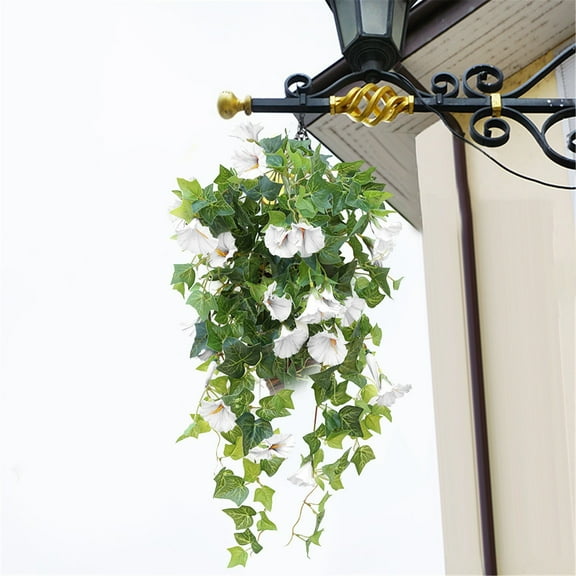 Artificial Hanging Flowers Fake Plants Outdoor, Silk Morning Glory Faux Flowers with Eucalyptus Leaves, UV Resistant Realistic Hanging Plants for Home Garden Decor White