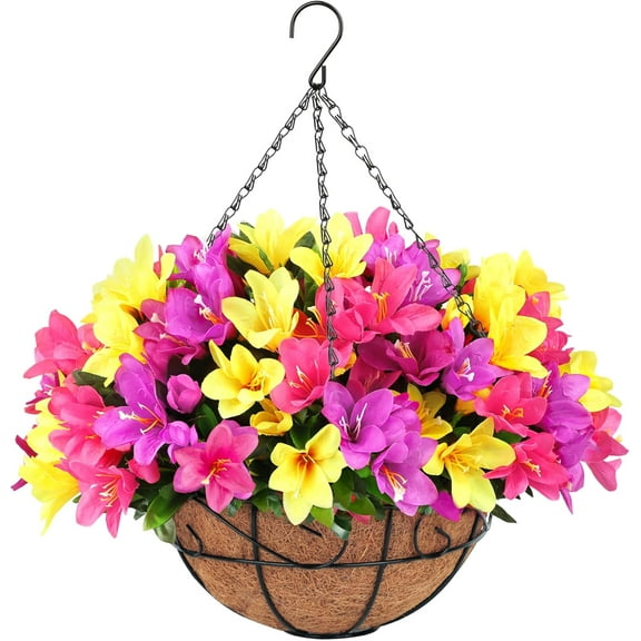Artificial Hanging Flowers, Fake Silk Azalea Plants with Coconut Lining Hanging Baskets Outdoor for Spring Summer Yard Patio Front Porch Home Decorations, Yellow