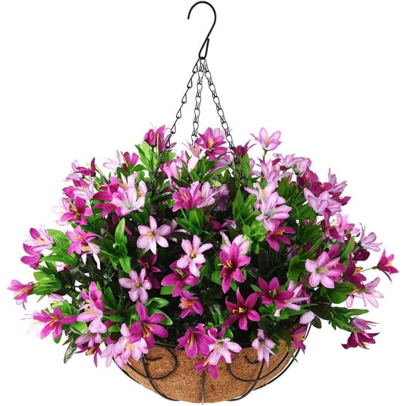 Artificial Hanging Flowers,Little Lilies Flowers with 12 inch Flowerpot Centerpieces,Fake Hanging Plants in Coconut Lining Hanging Baskets for Outdoors Indoors Courtyard Decor(Purple)
