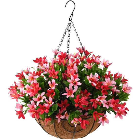 Artificial Hanging Flowers,Little Lilies Flowers with 12 inch Flowerpot Centerpieces,Fake Little Lilies Hanging in Coconut Lining Hanging Baskets for Outdoors Courtyard Decor(Deep Pink)
