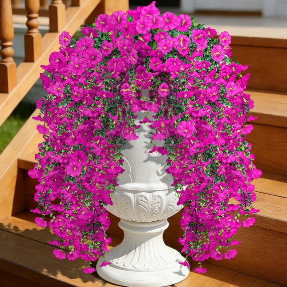 Artificial Hanging Flowers for Outdoor, 4Pcs UV Resistant Faux Morning Glory Flower Spring Summer Decroation, No Fade Fake Flower Trailing Vine for Porch Patio Balcony Yard Garden