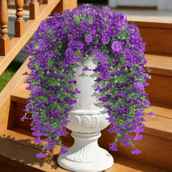 Artificial Hanging Flowers for Outdoor, 4Pcs UV Resistant Faux Morning Glory Flower Spring Summer Decroation, No Fade Fake Flower Trailing Vine for Porch Patio Balcony Yard Garden
