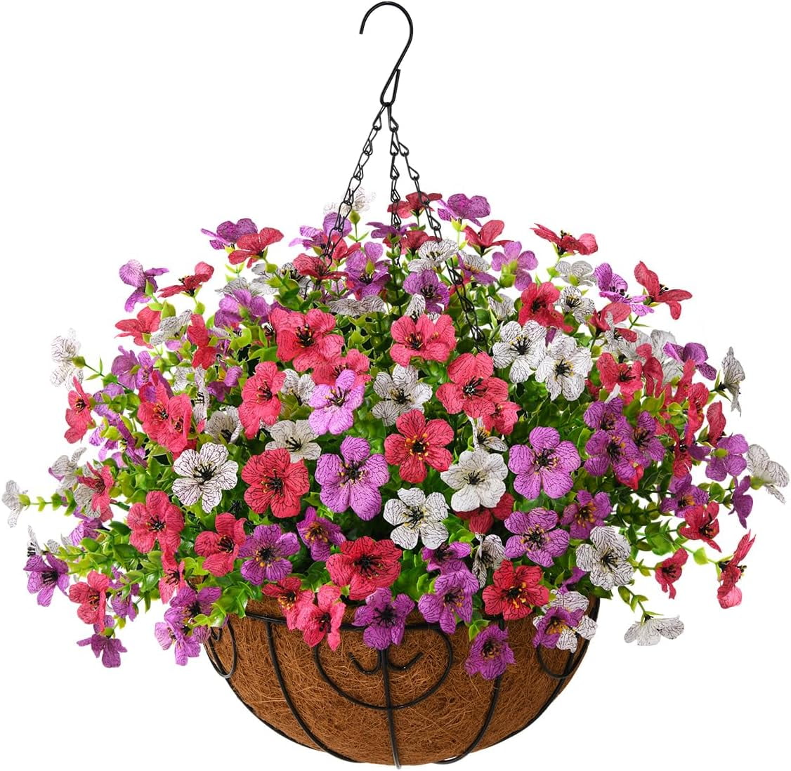 Artificial Hanging Flowers for Outdoor Indoor Spring Decor,Faux Silk Flower Arrangement,6 Branches Daisy with 12 Inch Coconut Lining Chain for Garden Decoration(Purple White Rose)