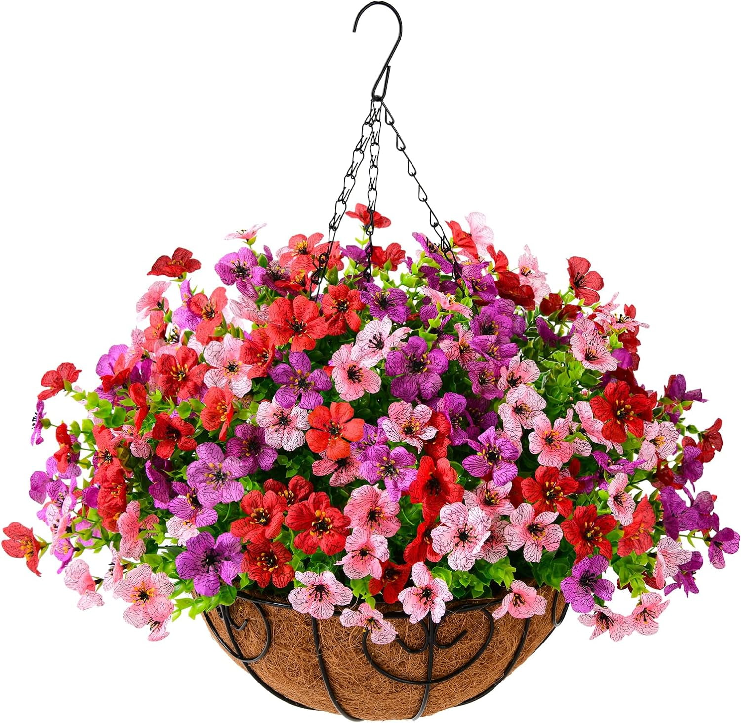 Artificial Hanging Flowers for Outdoor Indoor Spring Decor,Faux Silk Flower Arrangement,6 Branches Daisy with 12 Inch Coconut Lining Chain for Garden Decoration(Purple White Rose)