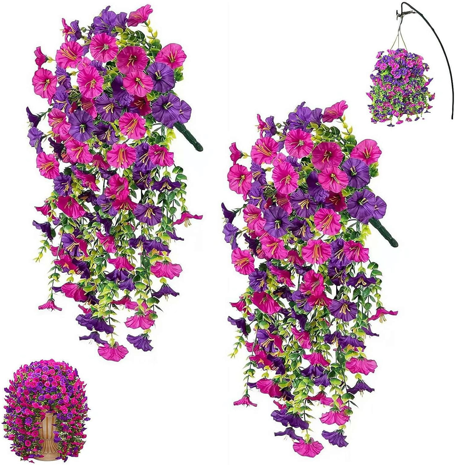 Artificial Hanging Flowers for Outdoors, 2 Pcs Faux Silk Morning Glory with Eucalyptus Leaves, UV Resistant Hanging Vine for Spring Garden Porches Decor