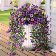 Artificial Hanging Flowers for Outdoors,2Pcs Fake Hanging Plant Spring Summer Decor,UV Resistant No Fade Faux Silk Eucalyptus Violet Flower for Front Door Porch Planter Home Patio Yard Garden