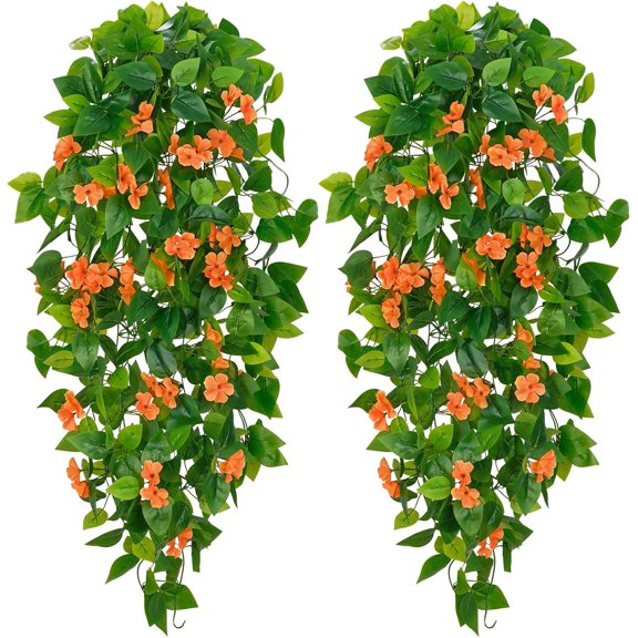 Artificial Hanging Flowers for Outdoors, 2pcs Fake Hanging Plants Pothos Vines with Orange Flowers for Wall Home Living Room Indoor Outdoor Fall Decor (No Baskets)