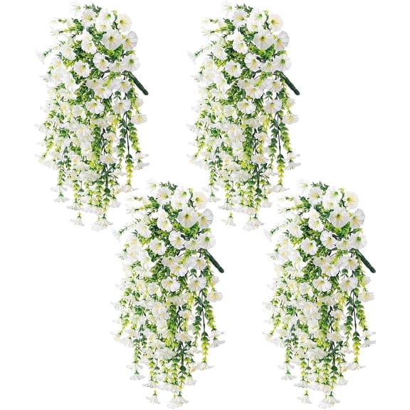 Artificial Hanging Flowers for Outdoors, 4 Pcs UV Resistant Fake Morning Glory Flowers, Realistic Silk Faux Hanging Plants for Porch, Garden, Patio, Planter Decoration