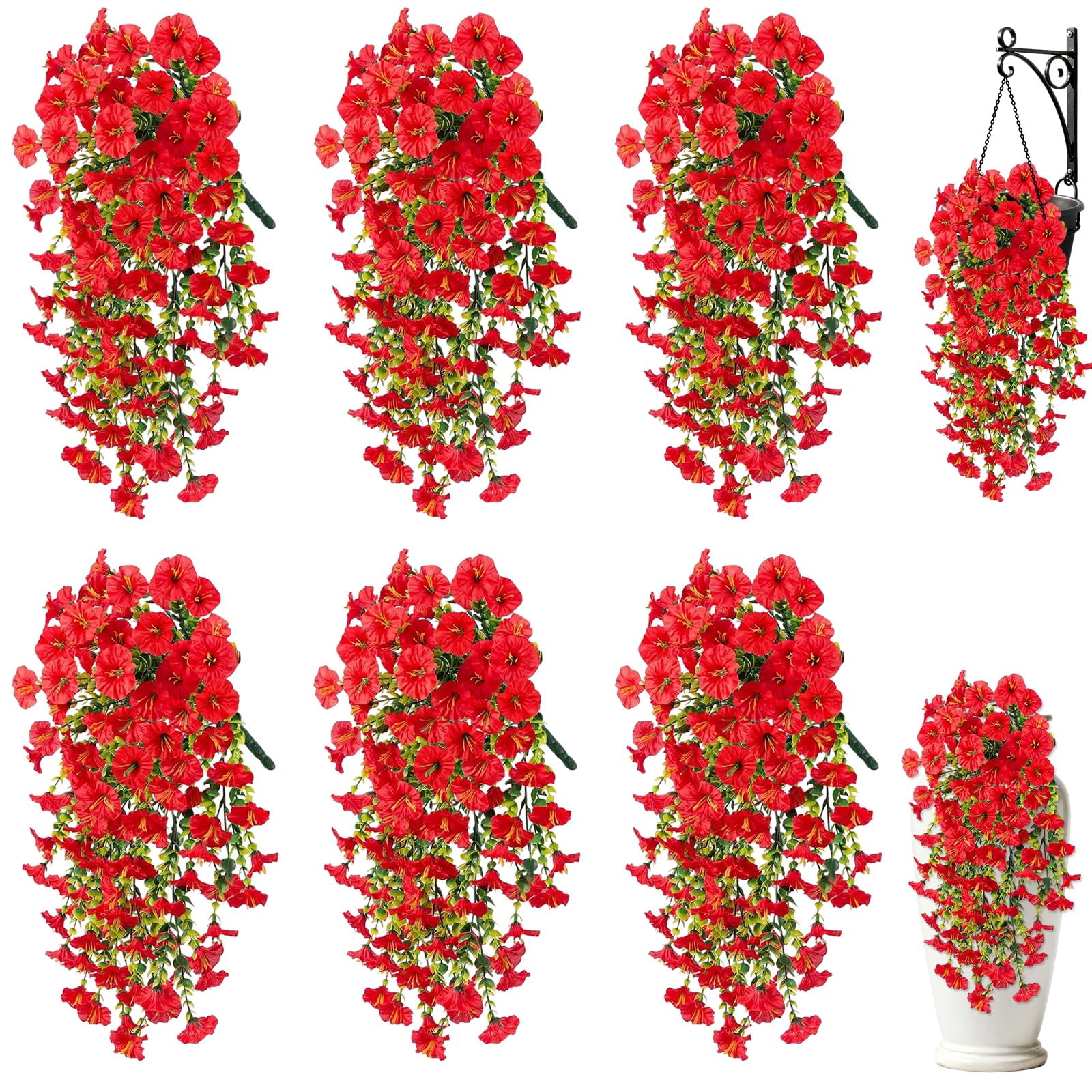 Artificial Hanging Flowers for Outdoors, 6 PCS Silk Morning Glory Artificial Flowers with Eucalyptus Leaves, UV Resistant Fake Flower Realistic Faux Plants for Home Patio Porch Garden0