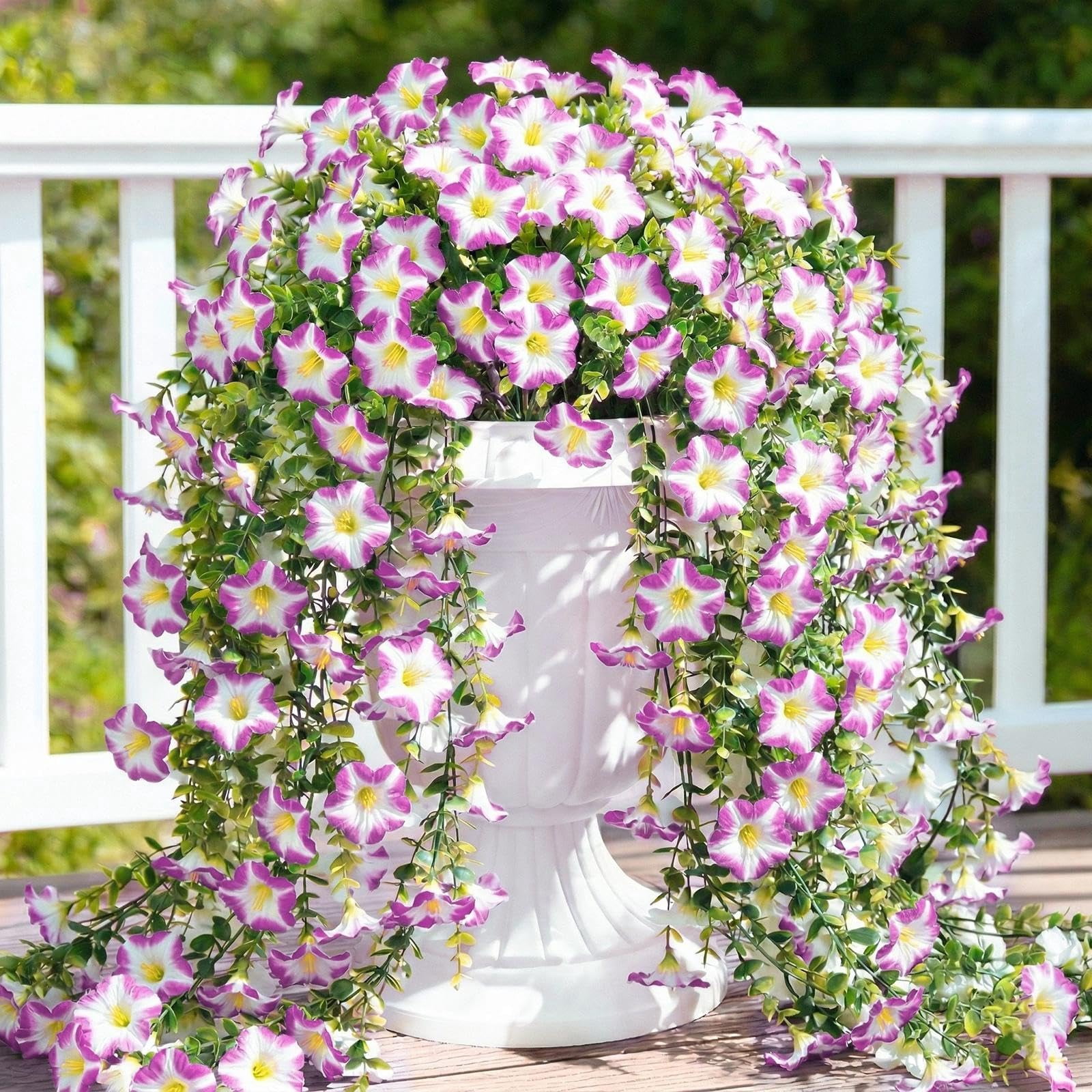 Artificial Hanging Flowers for Outdoors, 6 PCS Silk Morning Glory Artificial Flowers with Eucalyptus Leaves, UV Resistant Fake Flower Realistic Faux Plants for Home Patio Porch Garden0