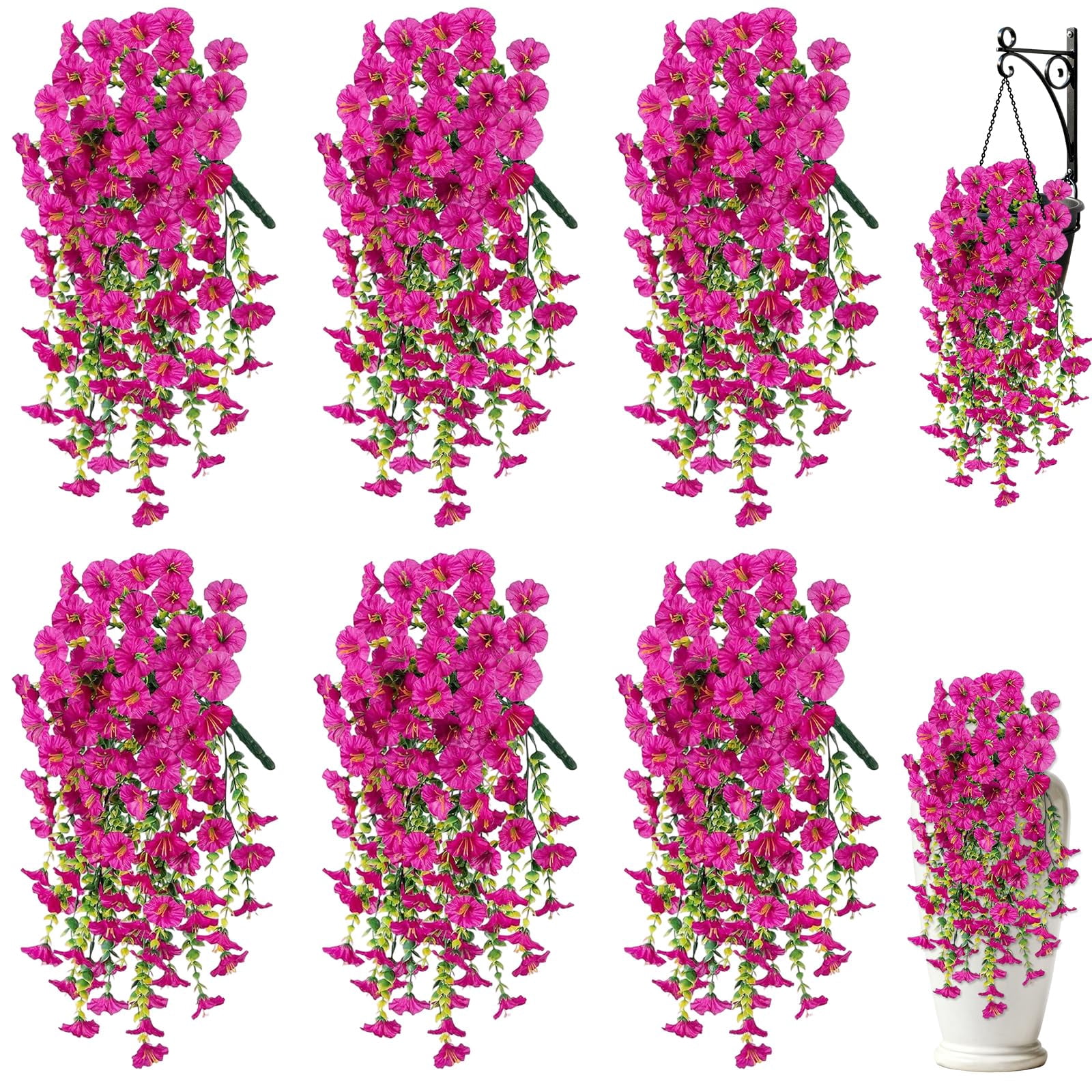 Artificial Hanging Flowers for Outdoors, 6 PCS Silk Morning Glory Artificial Flowers with Eucalyptus Leaves, UV Resistant Fake Flower Realistic Faux Plants for Home Patio Porch Garden0