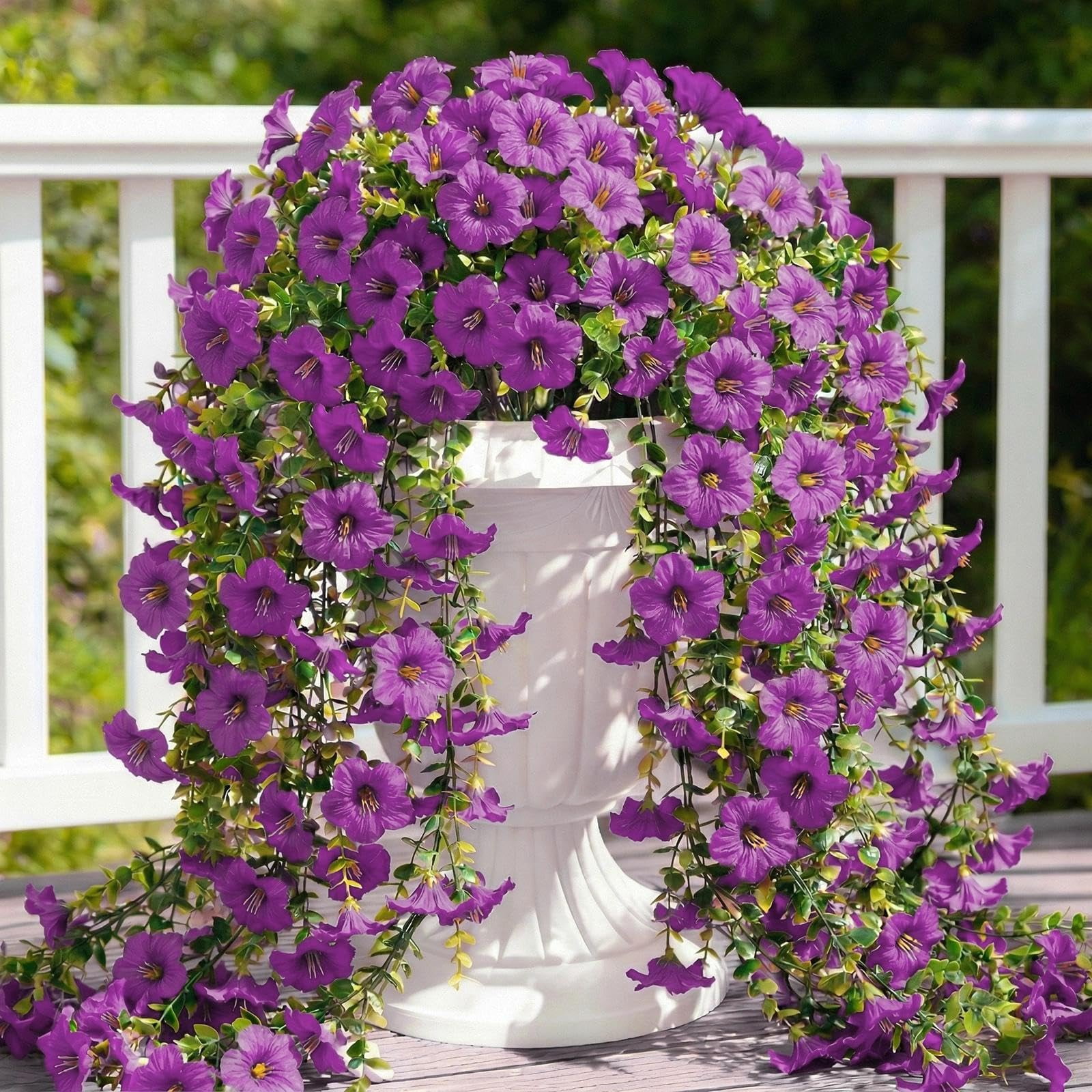 Artificial Hanging Flowers for Outdoors, 6 PCS Silk Morning Glory Artificial Flowers with Eucalyptus Leaves, UV Resistant Fake Flower Realistic Faux Plants for Home Patio Porch Garden0